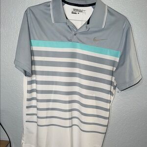 Nike Men's Gray and Aqua Striped Polo Shirt
